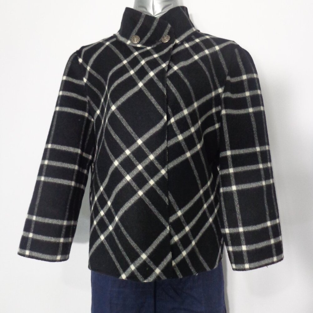 Kenar Women's Black and White Wool Plaid 3/4 Sleeve Blazer‎ Jacket Size L EUC